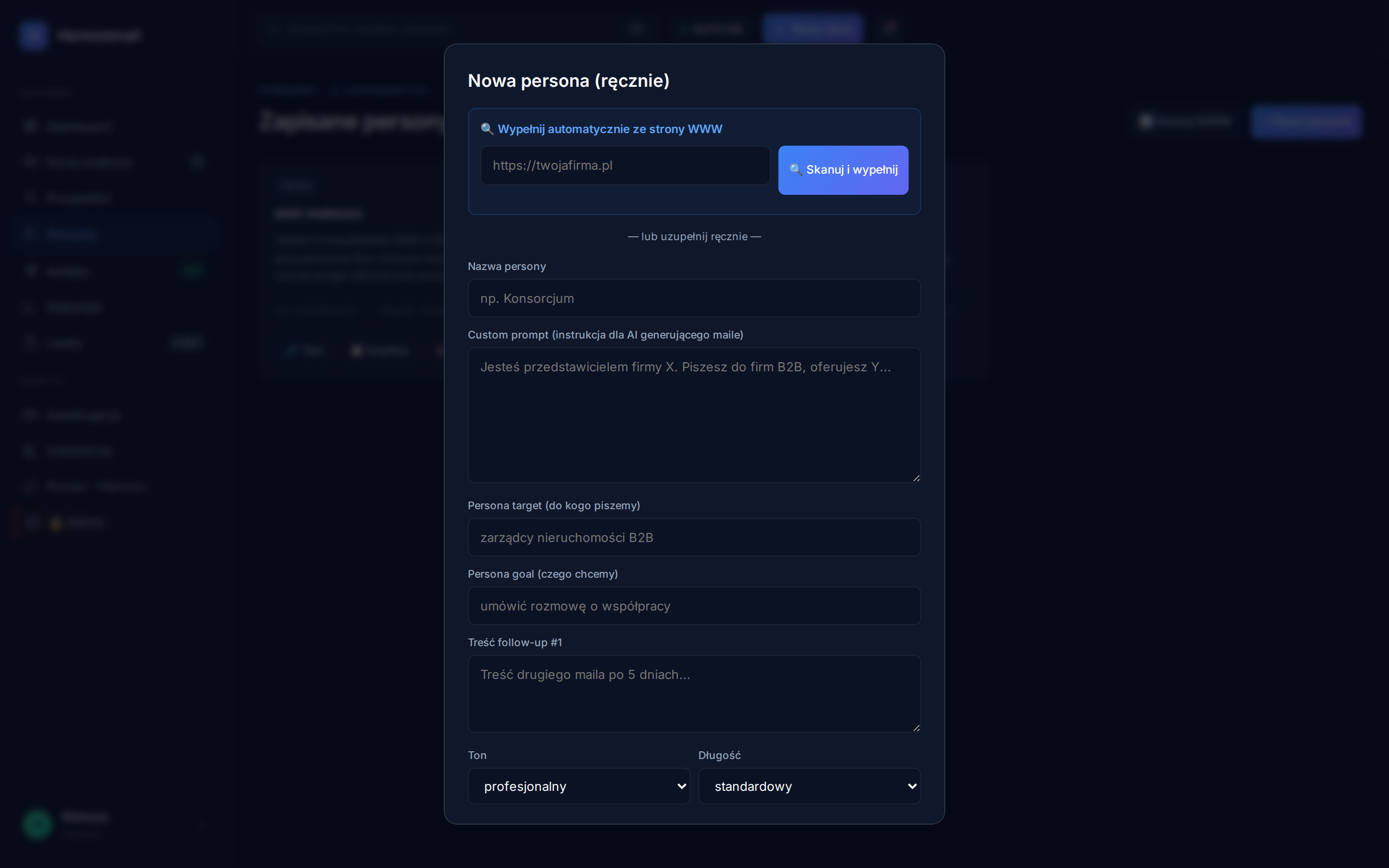 Modal Nowa persona — skanowanie WWW + AI generowanie pól (target, goal, ton, długość, follow-up)