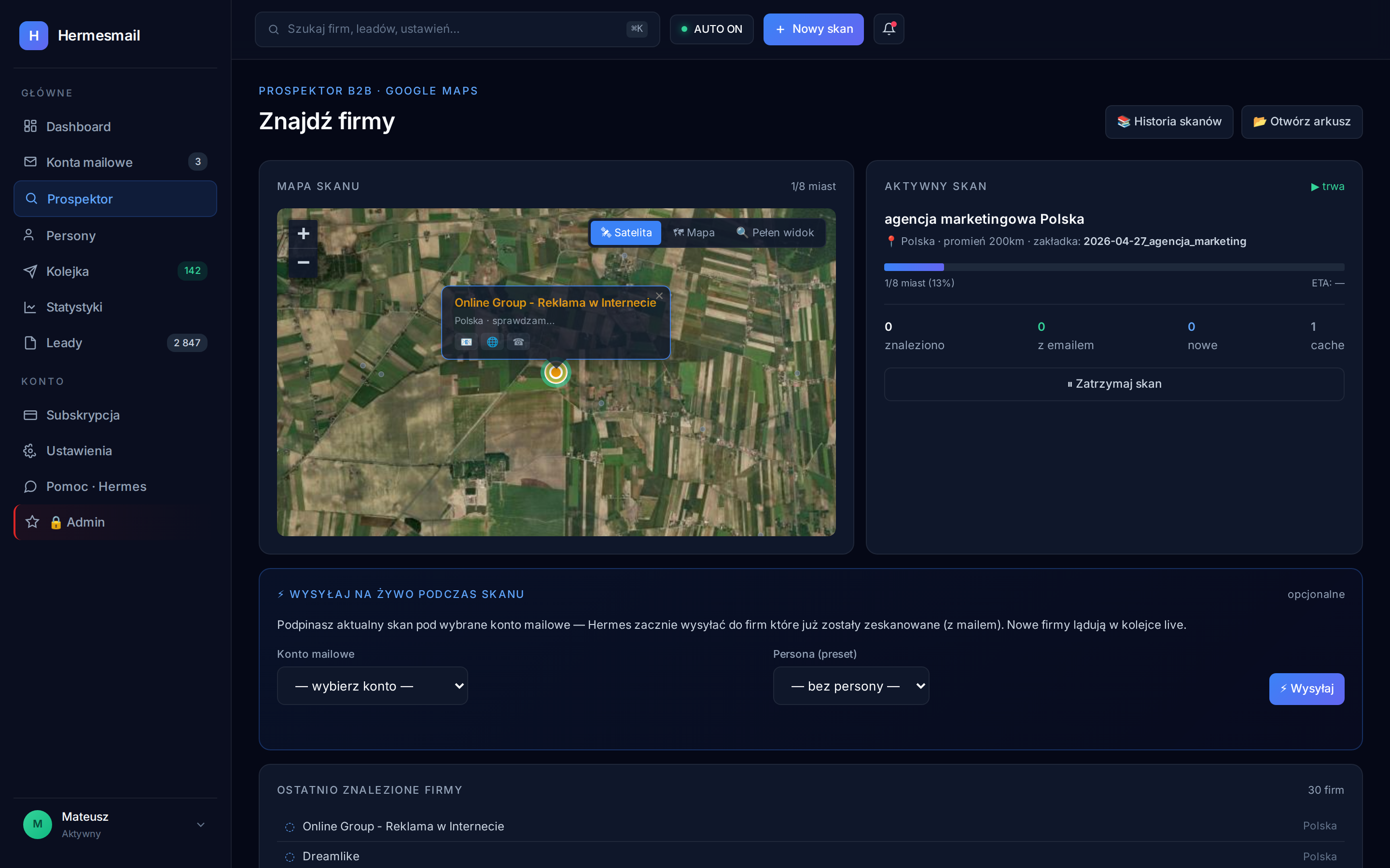 Live mapa skanu Prospektora — pulsująca pinezka, badge'y mail/www/tel, pasek progresu